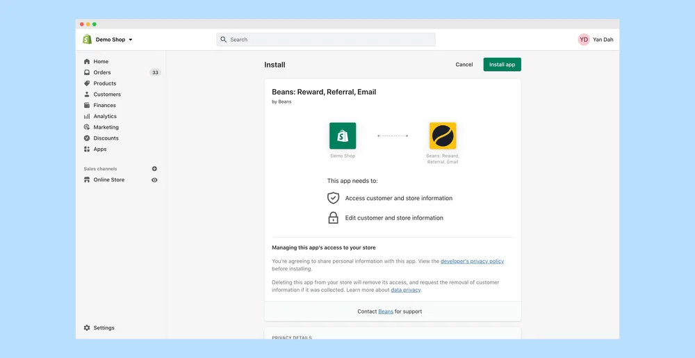 Installing Beans on Shopify