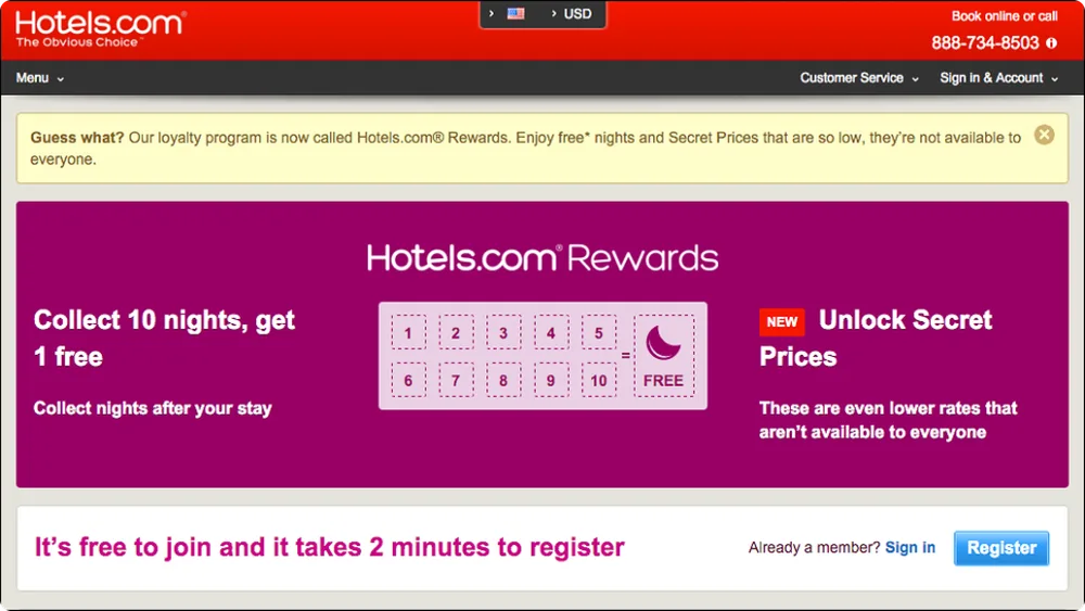 Hotels.com Rewards page