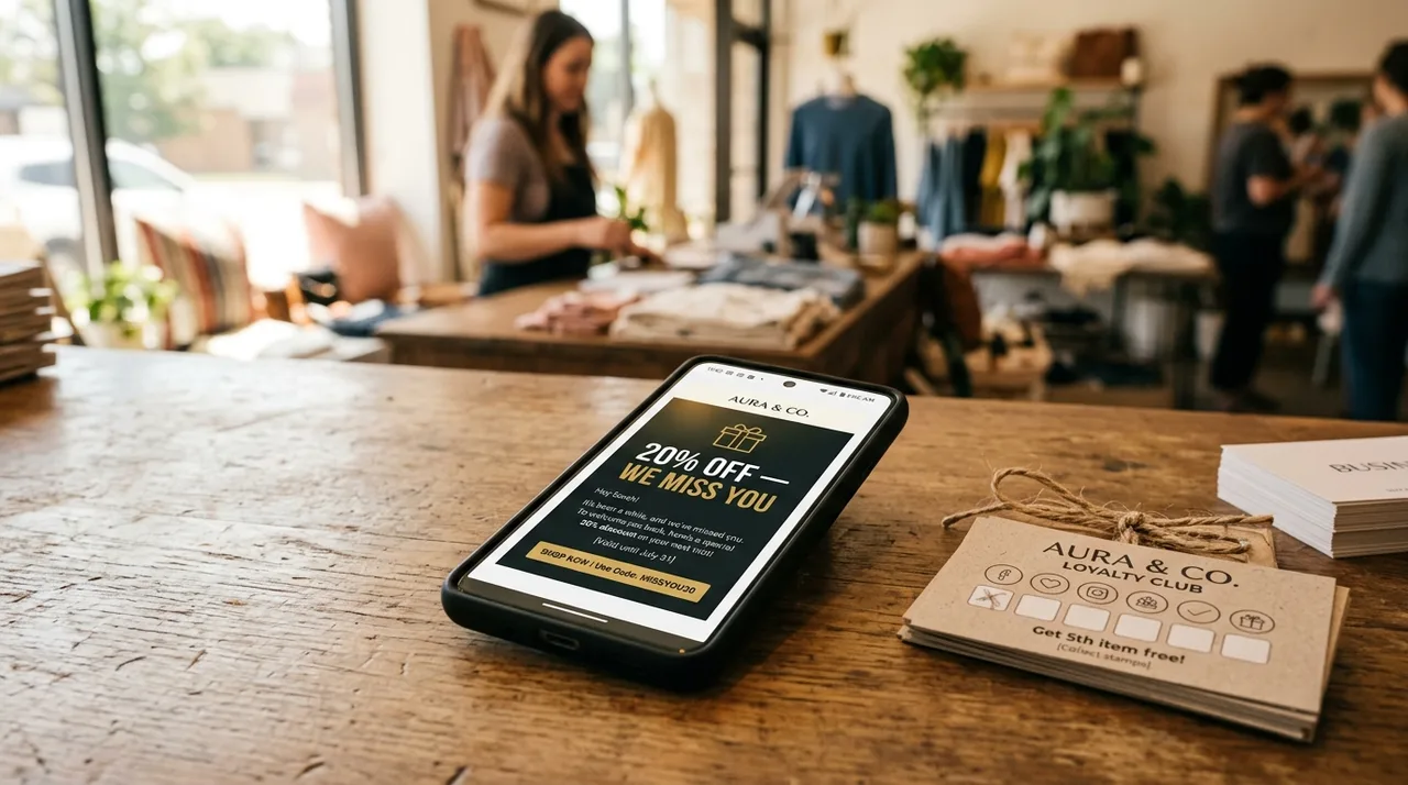Smartphone showing a win-back discount email next to unused loyalty cards