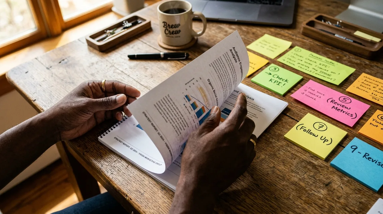 Hands reviewing a printed marketing report with circled statistics on a wooden desk