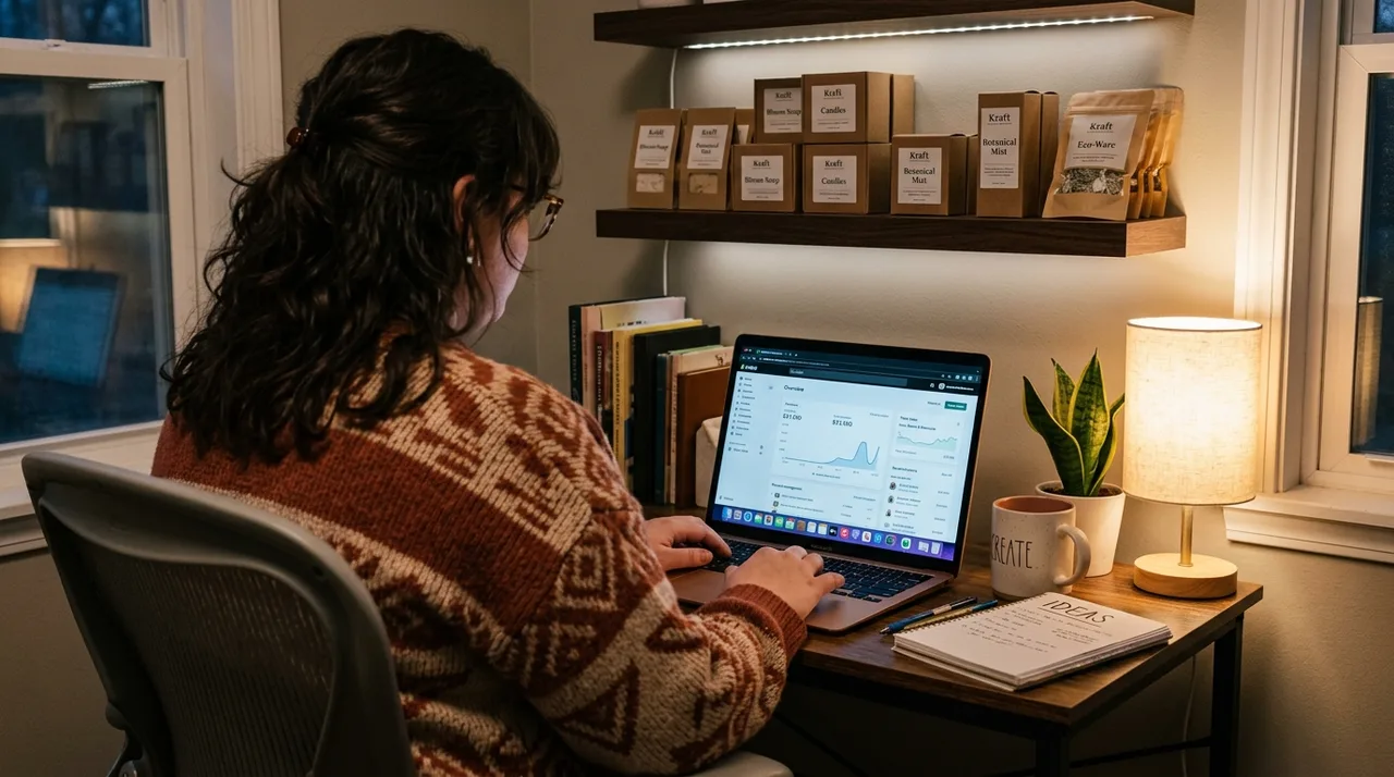 Small ecommerce merchant reviewing their Shopify dashboard in a compact home office