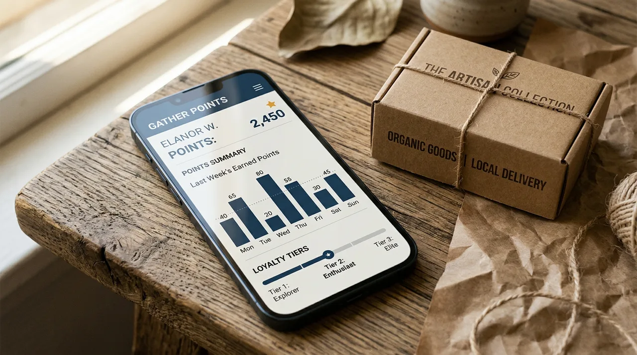 Phone displaying a loyalty program analytics dashboard next to a small shipping box