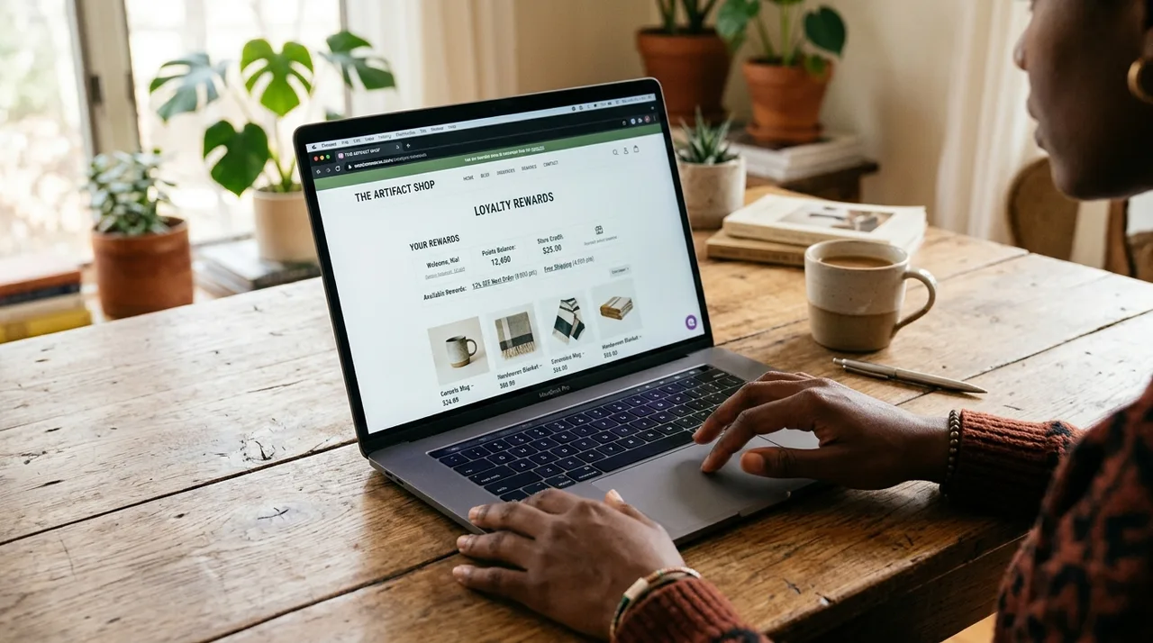 Person reviewing a WooCommerce loyalty program dashboard on a laptop