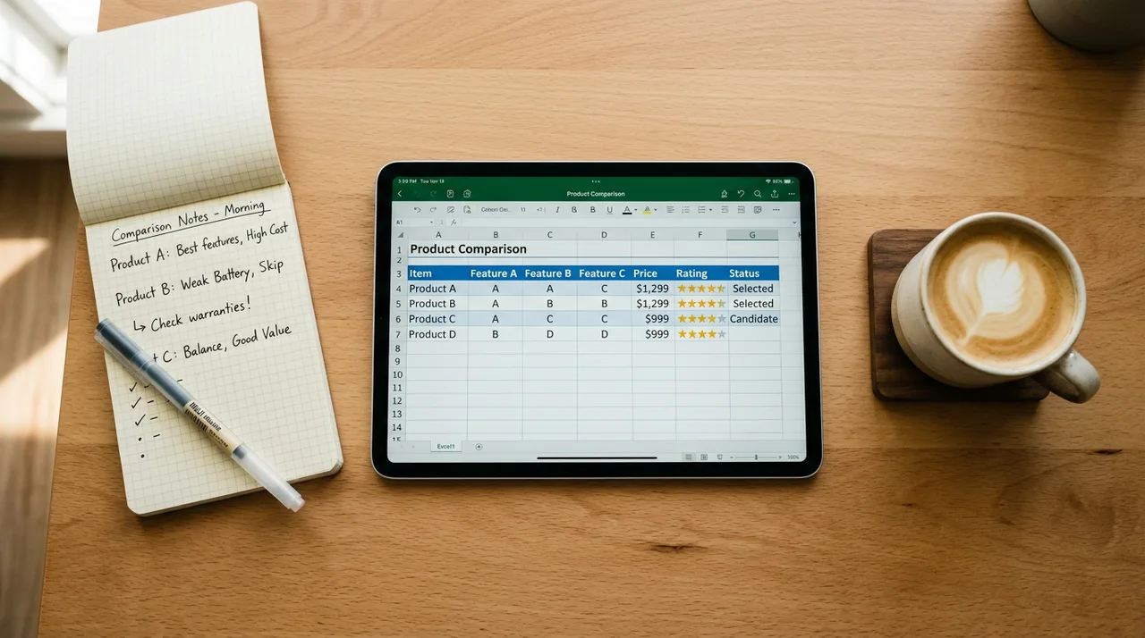 Tablet displaying a plugin comparison spreadsheet next to handwritten notes