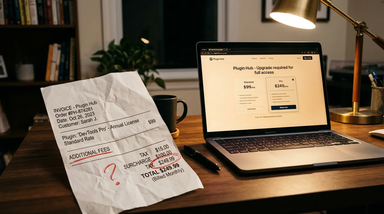 Printed invoice next to a laptop displaying a plugin pricing page