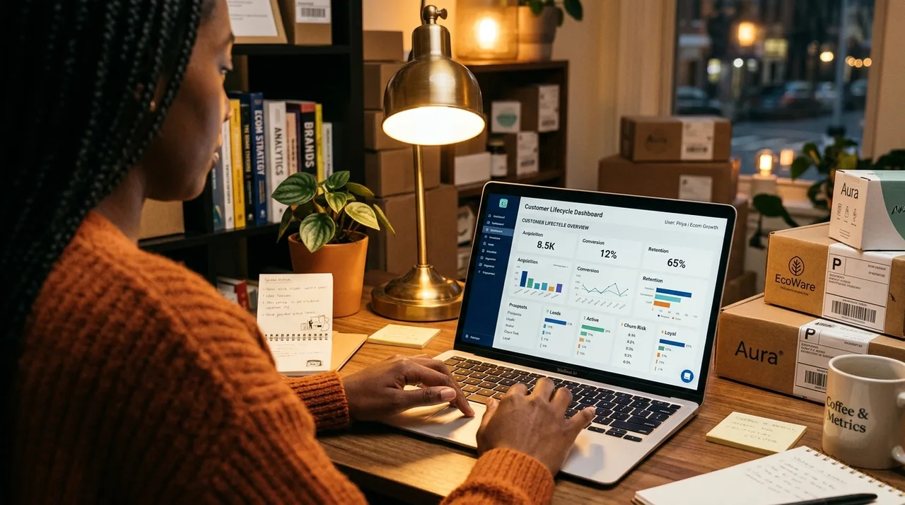 Person reviewing a customer lifecycle analytics dashboard on a laptop