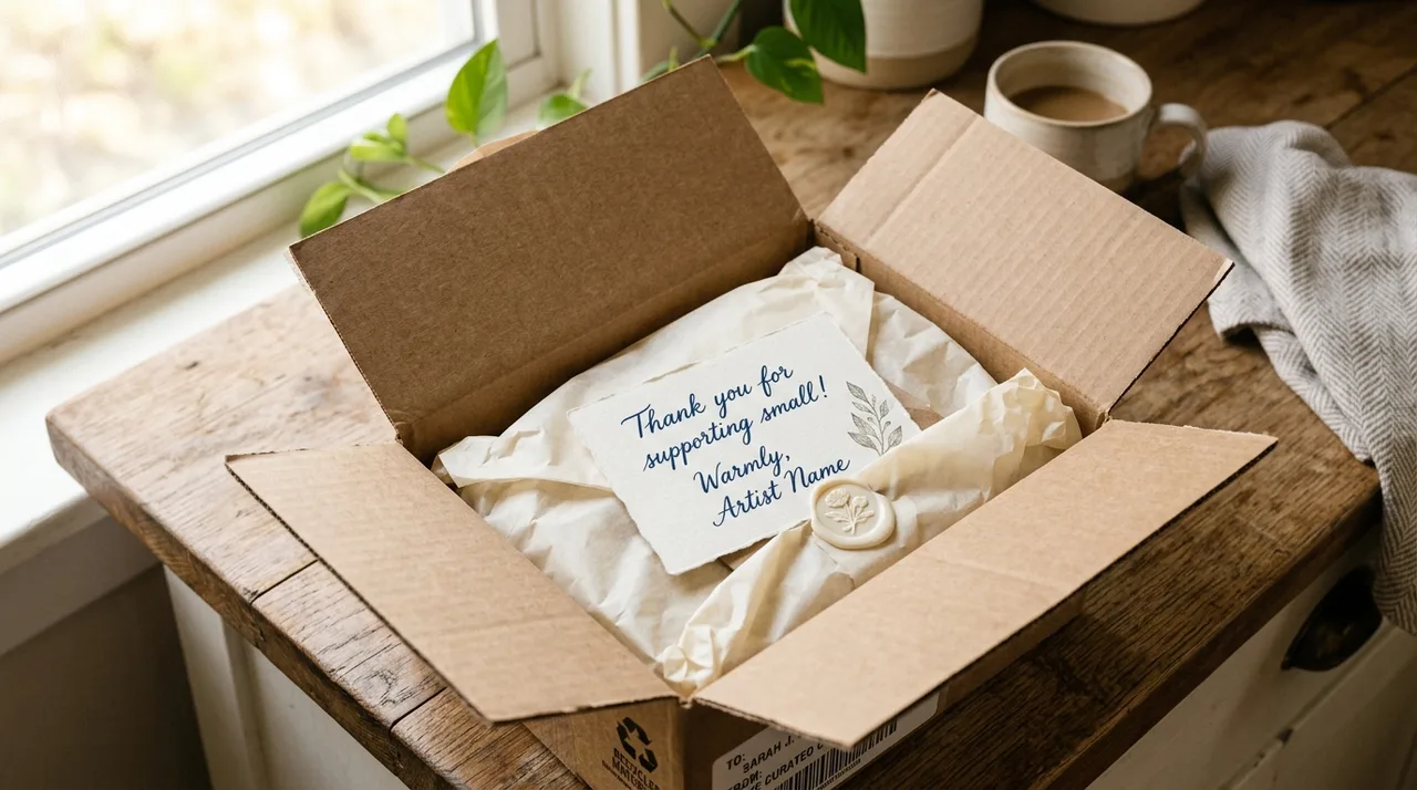 Unboxed ecommerce package with a handwritten thank-you card inside
