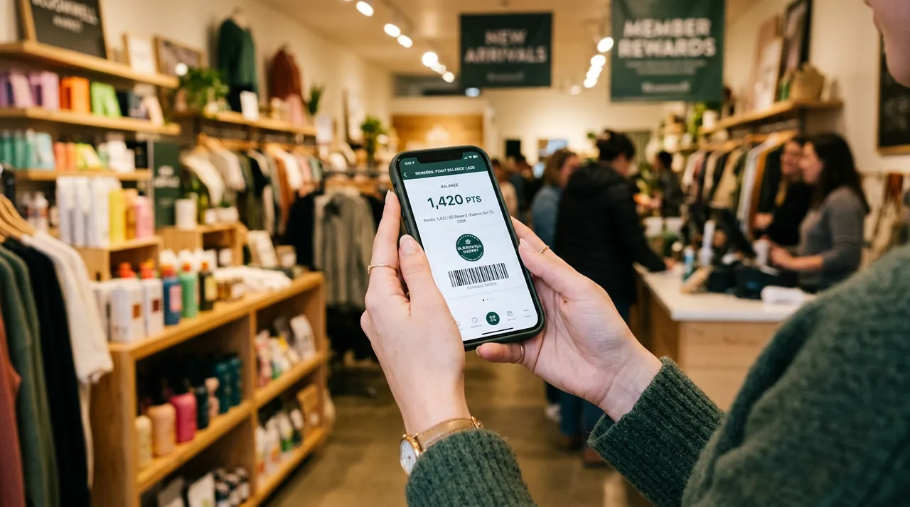 Customer checking loyalty points balance on a mobile app in a retail setting